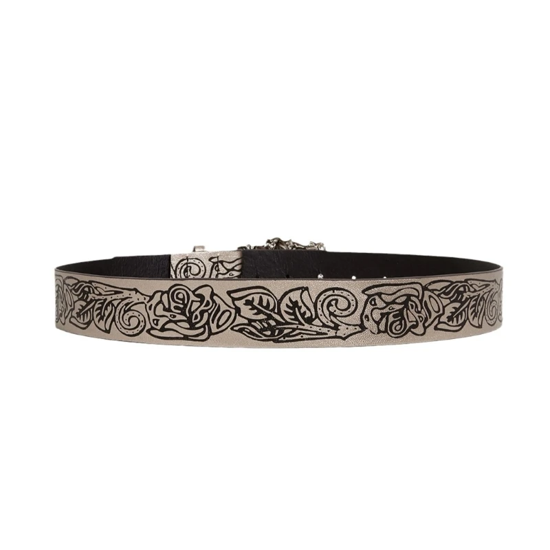 

Gothic Adult Waist Belt with Adjustable Carved Flower Buckle Waistband PU Waist Belts for Women Universal Pants Belt