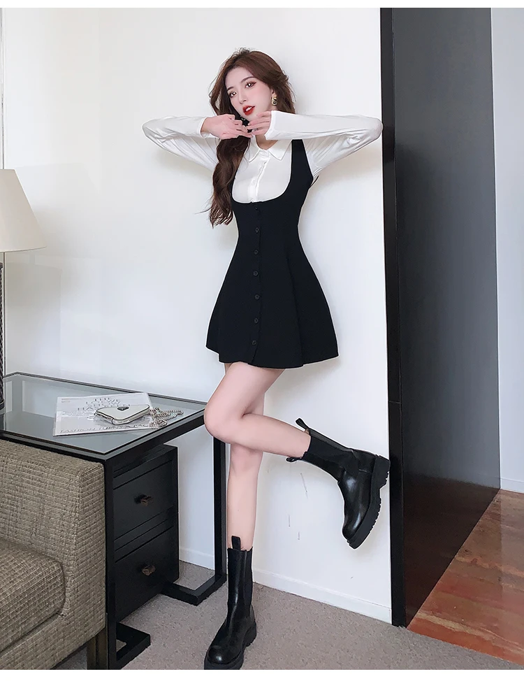 Autumn New Two-piece Skirt Sets Women Long Sleeve White Blouse High Waist Halter Mini Dress Korean Fashion Y2K Harajuku Outfits