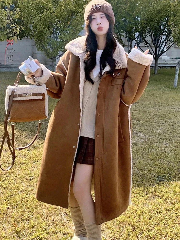 

LANMREM Retro Lamb Fur Long Women's Coat Contrast Color Lapel Single Breasted Warm Clothing Fashion 2023 Winter New 2AA3777