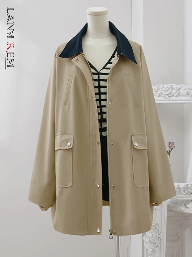 

LANMREM Korean Fashion Trench Coat For Women Lapel Zipper Covered Button Long Sleeves Casual Coats 2023 Autumn New 32D711