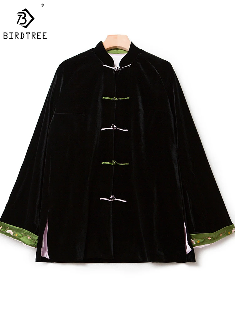 

BirdTree 100%Mulberry Silk Chinese Style Coat,Embroidery Stand Neck Buckle,Long-sleeved Retro Elegant Jacket Winter C414114QD