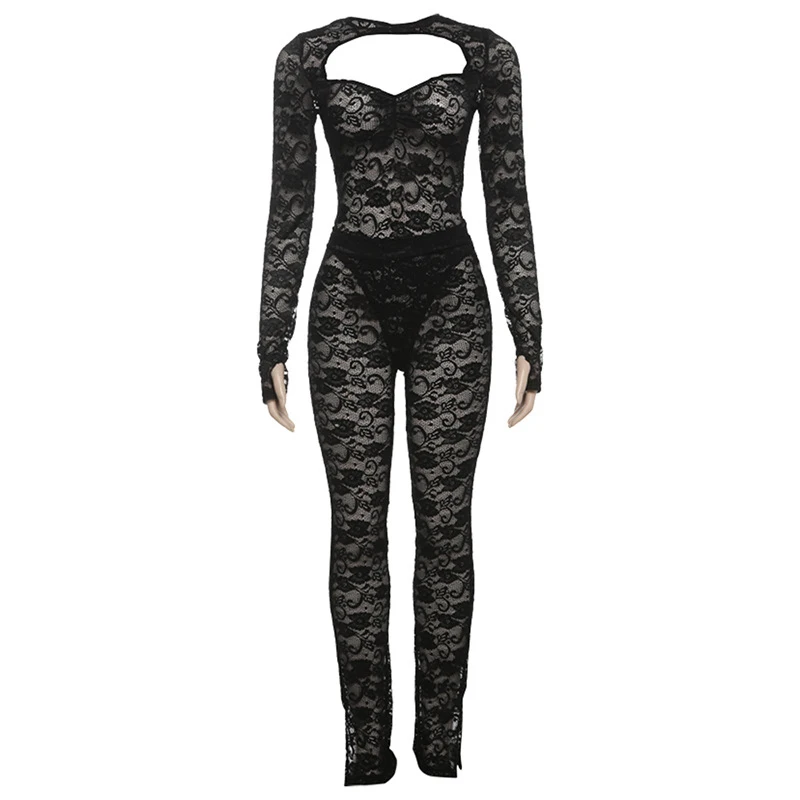 AVV Women's Sets See Through Lace Backless Long Sleeve Bodysuits+High Waist Trousers Sexy Two 2 Piece Sets Mid-night Club Outfit