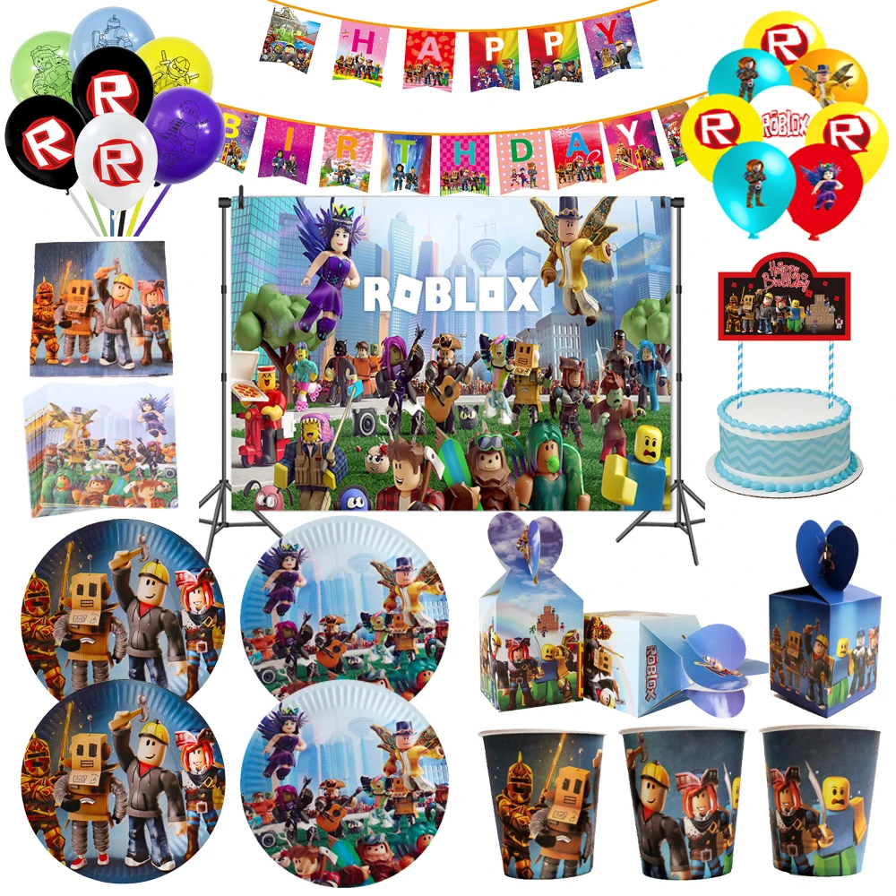Robloxs Theme Boys Birthday Party Decorations Robot Roblo Plate Cup Balloons Disposable Tableware Baby Shower Supplies |