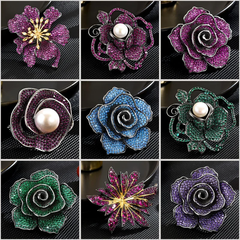 

Winter New Luxury Micro-inlaid Zircon Flower Elegant Temperament Classic Rose Brooches for Women Vintage Coat Accessories Pins
