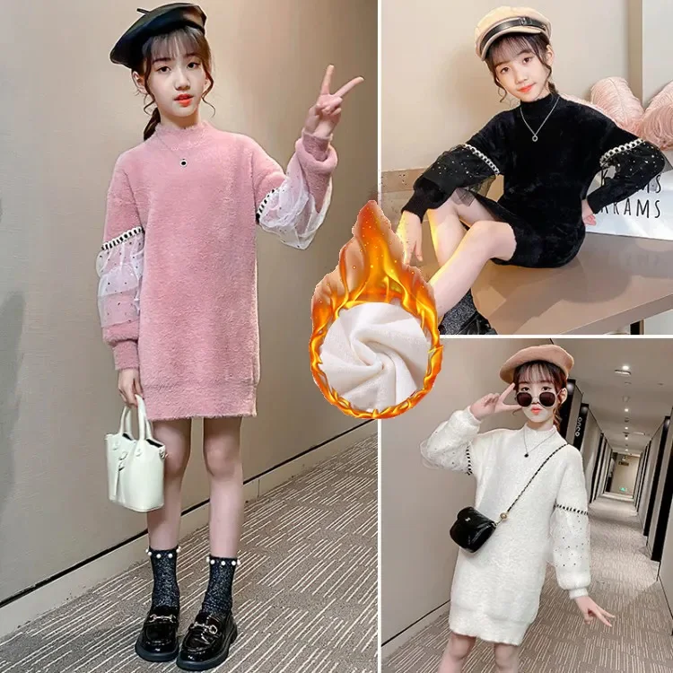 소녀용 레이스 터틀넥 스웨터, 두꺼운 긴 아동복, 가을 겨울 패션 스웨터, 5-15 세