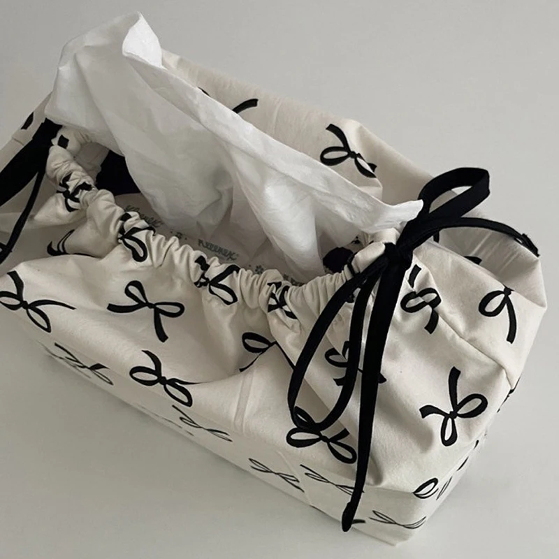 Bow Drawstring Tissue Bag Storage Case Home Organizer