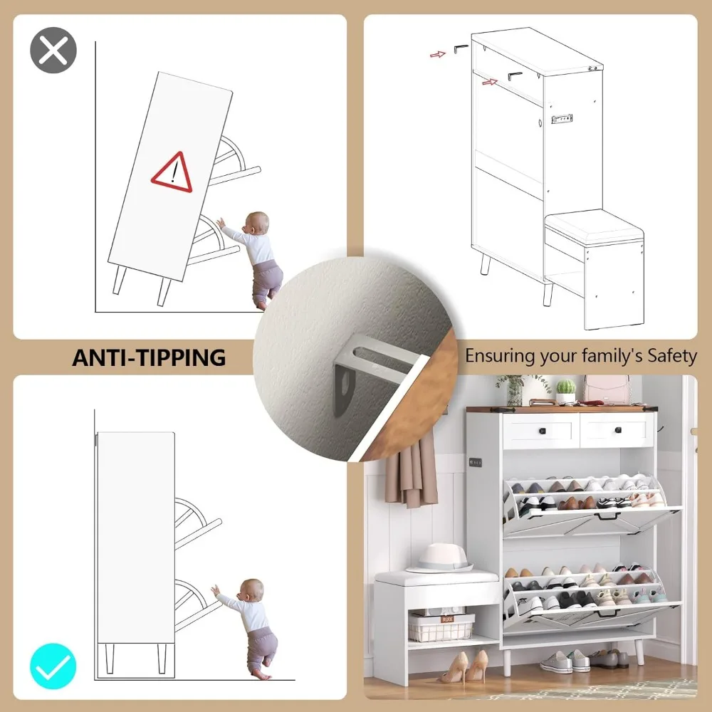 Shoe Cabinet with Bench, Deodorizing Shoe Storage Cabinet with 2 Flip Drawers and 2 Sliding Drawers, Free Standing Narrow Farmho 6