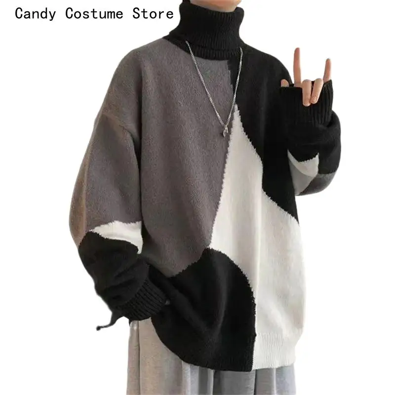 Korean Fashion Knit Top Men Clothing Casual Sweaters for Men High Collar Pullover Patchwork Loose Long Sleeve Autumn Winter
