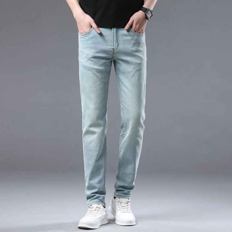 2024 high luxury business European goods new men's pants gem blue fashion casual versatile Slim small straight men's jeans