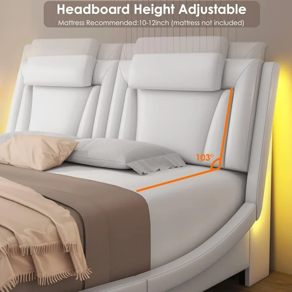Bed Frame with Adjustable LED Headboard, Wave-Like Curve Design, Solid Wooden Slats Support Modern Upholstered King Bed Frame 4