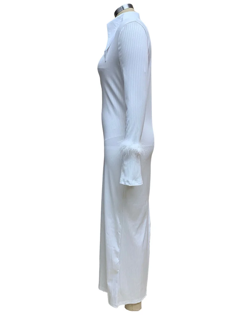 Autumn & Winter New Women's Fashion Polo Neck Feather Long Pit Stripe Dress Elegant & Beautiful Party Evening Dress