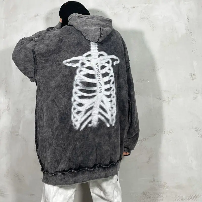 Deeptown Gothic Streetwear Skeleton Print Oversize Grey Hoddie Women Punk Harajuku Vintage Sweatshirt Female Mall Goth Tops