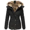 1 Pcs Women's Warm Fur Collar Cotton Down Jacket Zipper Long Sleeved Slim Fitting Hooded Cotton Jacket Outdoor Winter Warm Coat 5