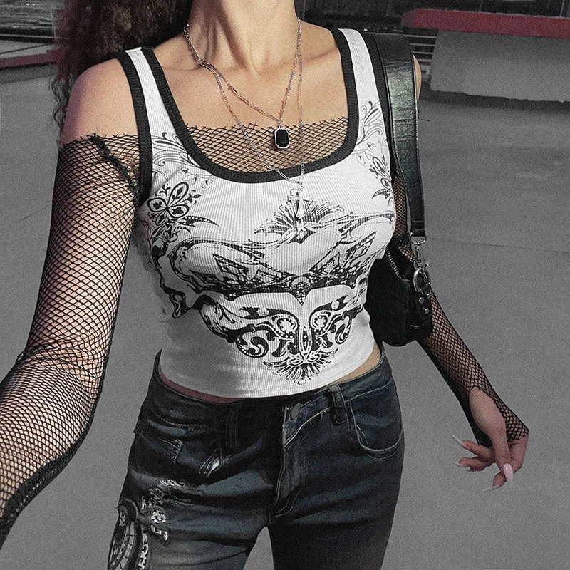 Vintage Mall Goth White Crop Top E Girl Graphic Print Tank Top Harajuku Grunge Gothic Dark Academia Emo Alt Vest Women Clothes Tanks Camis Aliexpress