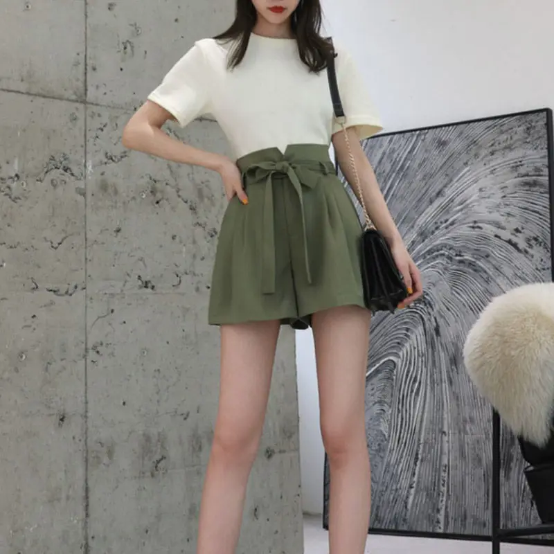 Summer Korean Thin A-line Wide Leg Shorts Solid Women Elastic High Waist Bandage Pocket Folds Breathable Loose Short Pants 2024