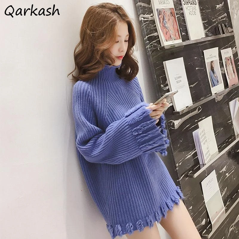 

Pullovers Women New Chic Autumn Trendy Tassel Knitted Sweaters Female Simple Loose Solid All-match Casual Vintage BF Turtleneck