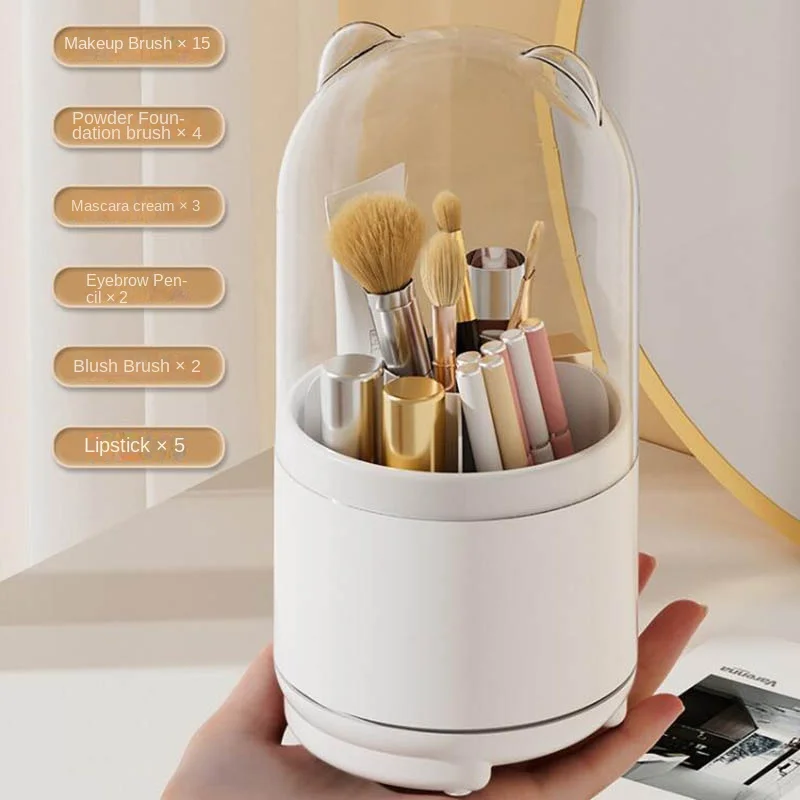 360° Rotating Makeup Organizer Box with Lid Dustproof Makeup Brush Holder  Bucket Lipstick Eyebrow Pencil Cosmetic Storage Box