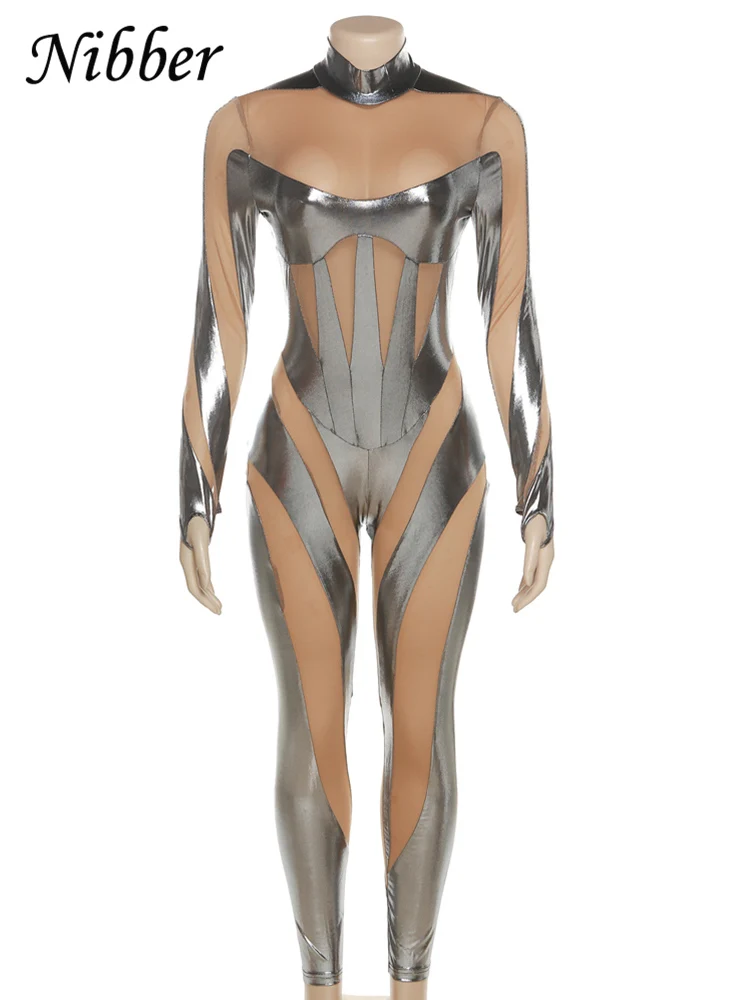 Nibber Mesh splicing Sexy Jumpsuits Women Long Sleeve Skinny Streetwear Summer Midnight One Piece Overalls Outfits Clothing