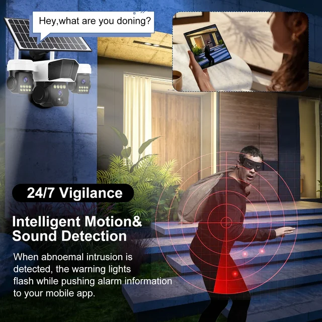 AIOOK Outdoor Solar Camera Three Lens HD 15MP 4G Camera Auto Tracking Night Vision Waterproof Two-Way Intercom 20000mAh Battery 4