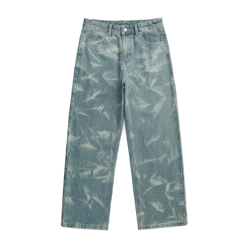 High-end Korean version of the personality of washed ripple vintage blue men's jeans wide-legged casual loose straight jeans