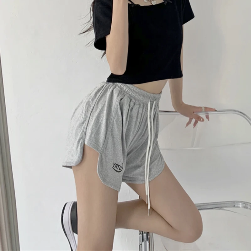 gymshark shorts ZOKI Summer Women Sweat Shorts Fashion Letter Elastic High Waist Loose Joggers Shorts Korean Designed Grey Wide Leg Shorts New dolphin shorts