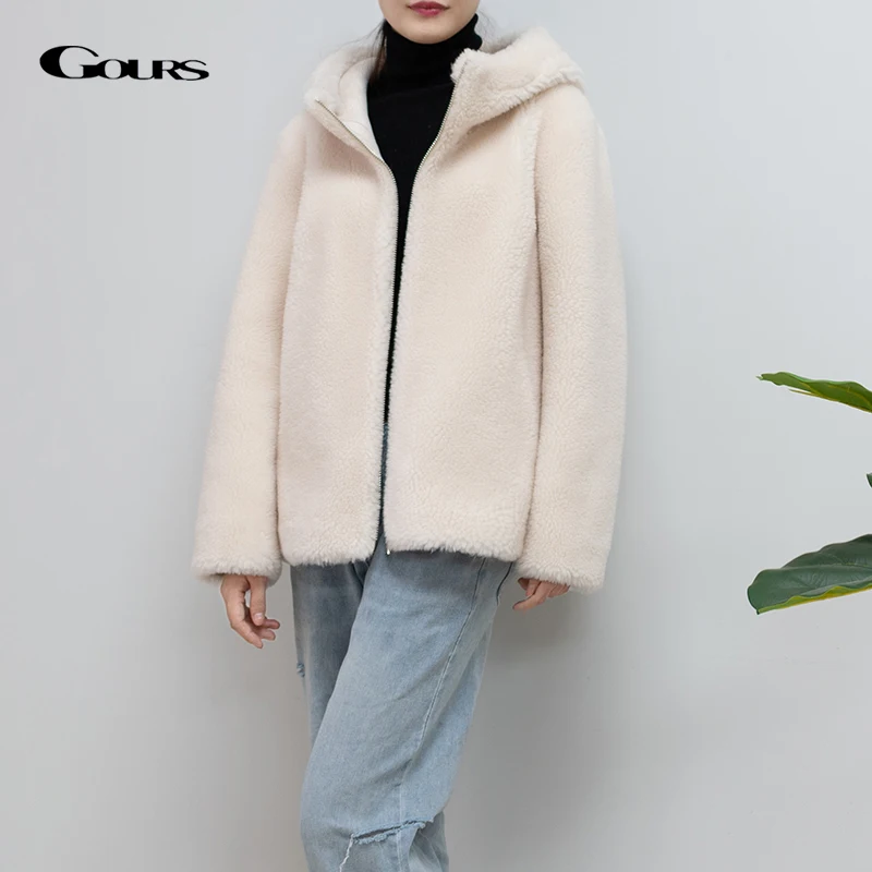 Tanie GOURS zimowe oryginalne Shearling kurtki dla kobiet moda naturalna wełna sklep