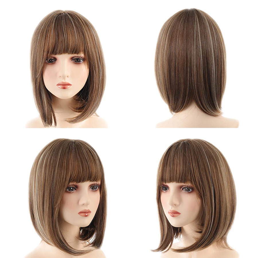 Synthetic Brown Straight Wig with Bangs Women's Brown Highlighted Straight Bangs Wig Comfortable for Party Daily Wear