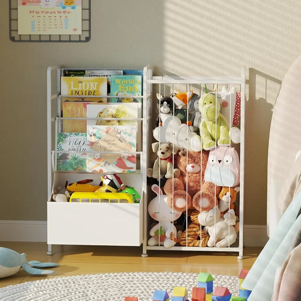 Kids Bookshelf and Stuffed Animal Storage - Multi-Function Nursery Book Shelves with Leather Toy Box and Display, Toy Organizer 2