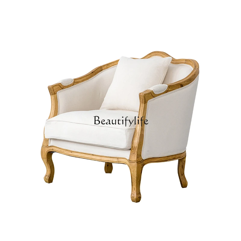 

Retro Nordic Oak Solid Wood Frame Living Room Fabric Craft Sofa Three-Seat