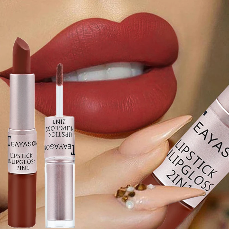 2-in-1 Matte Red Lipstick  Gloss - Long Lasting Velvet Waterproof Makeup