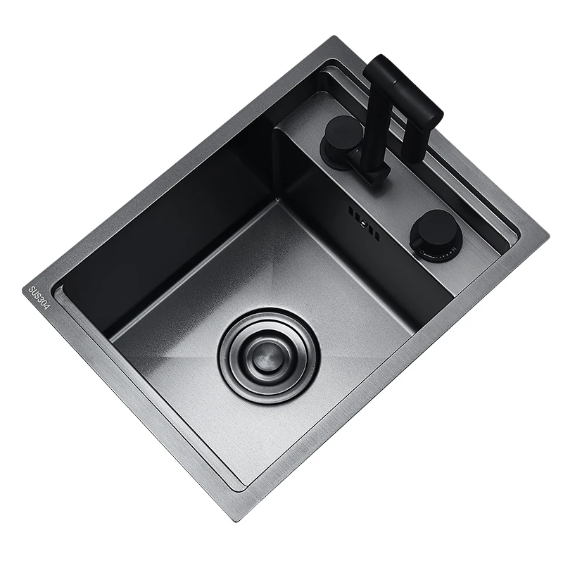 Black Hidden Kitchen Sink Handmade with Lid Single Bowl 304 Stainless Steel Folding Faucet 4mm
