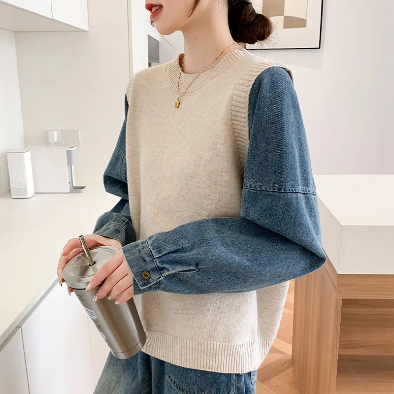 Women Denim Patchwork Long Sleeve Knitted Sweater