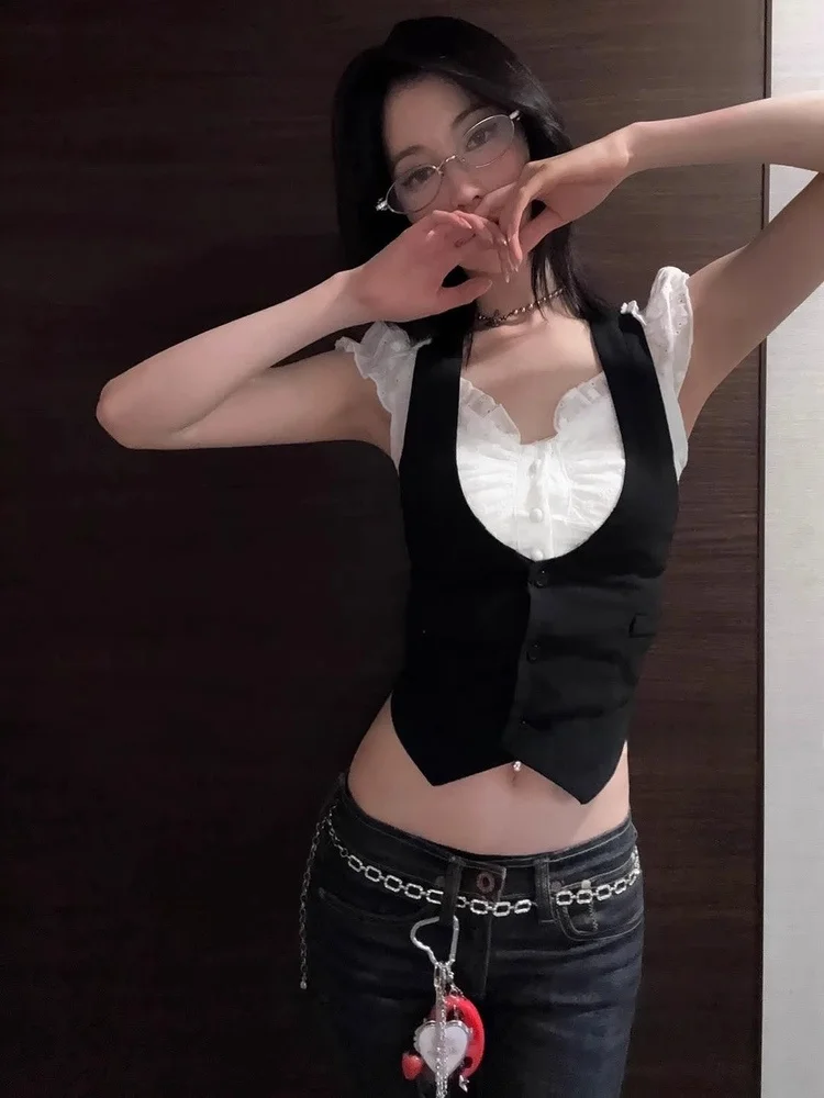 Pure Desire Spicy Girl Design Earlet Lace Trim ort Sve Women's irt Layering Hanging Ne Vest Top Two-Piece Set