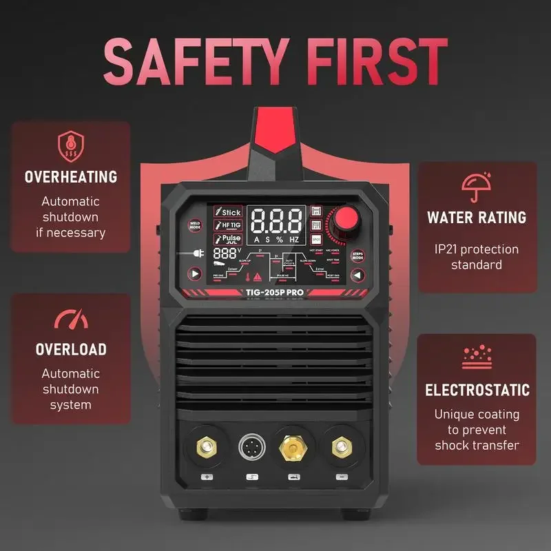 YESWELDER TIG-205P-PRO Pulsed 205Amp TIG Welder, Stick/DC TIG/Pulse TIG 3-In-1 IGBT Inverter Large LED Digital Display 6