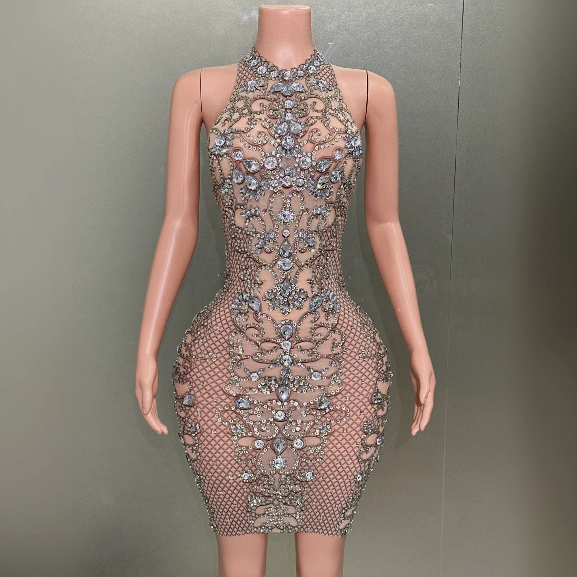 

Women Sexy Sleeveless Mesh See Through Bodycon Mini Dress Big Crystal Fashion Birthday Party Celebrate Photoshoot Dress