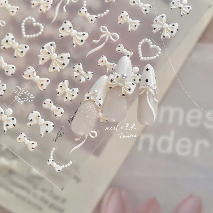 Elegant White Bow Ribbon 3D Nail Art Stickers - Self-Adhesive Shell Light Charms