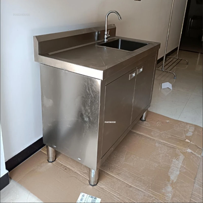 Stainless Steel Kitchen Sinks Cabinet Commercial Dishwashing Sink With Operating Table Floor Integrated Wash Basin Sink Cabinet