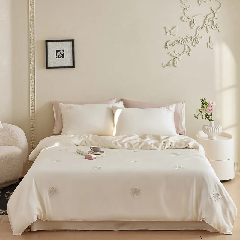 Lyocell Bamboo Fiber Silky Cool Feeling Sleeping Naked Bedding Set Rose Flowers Embroidery Duvet Cover Bed Sheet Set Pillowcases 4