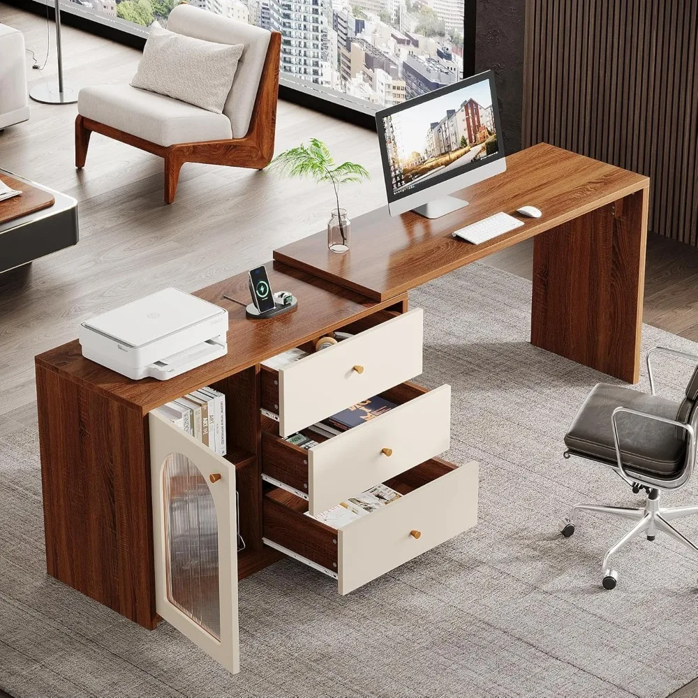 Computer Desk L Shaped with Drawers, Modern Corner Home Office Desk with Reversible Storage Cabinet, Long Study Writing Desk 4
