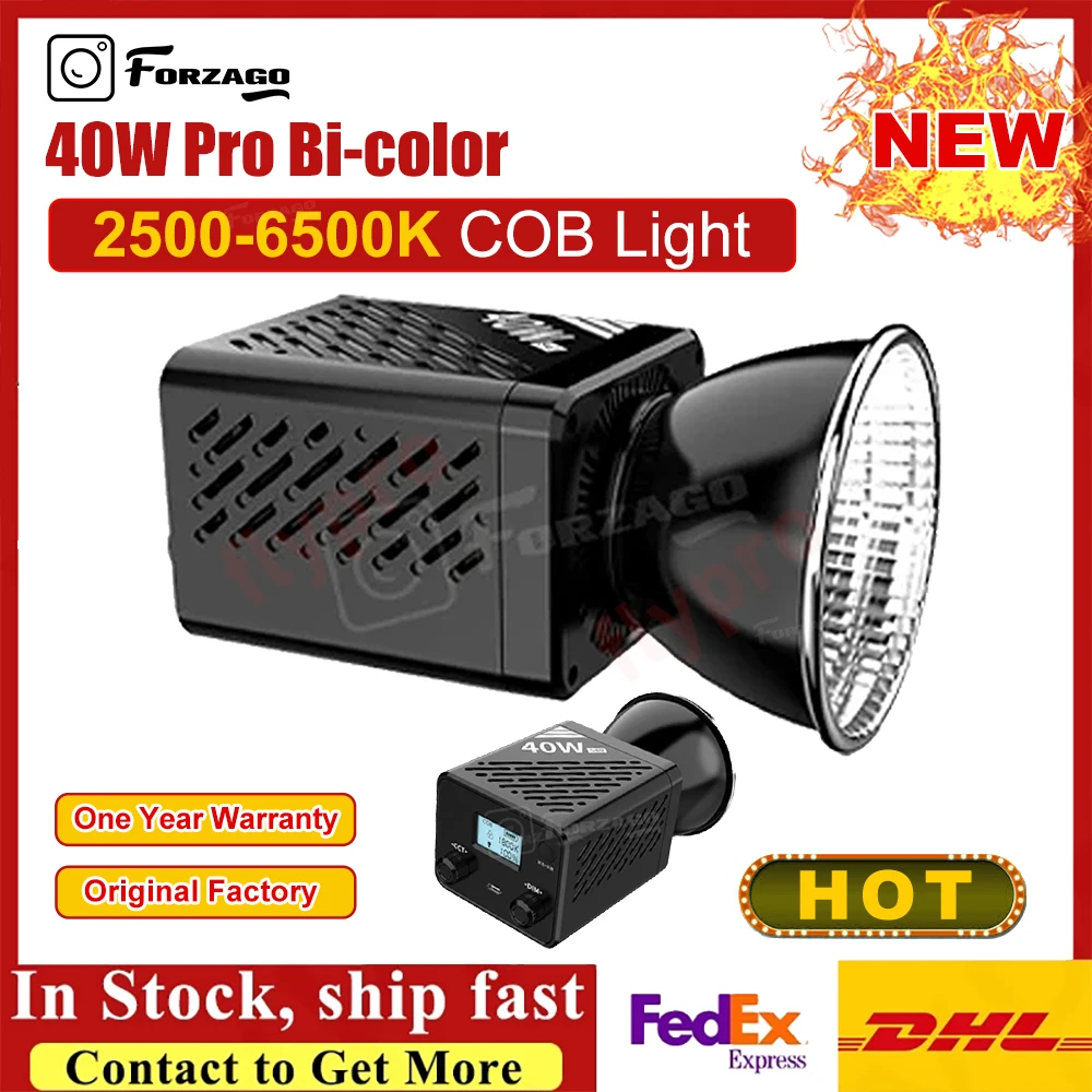 Forzago 이중 색상 2500 6500K COB 라이트 미니 보웬스 마운트, 사진 촬영용 비디오 라이트, 3400mAh, 40W