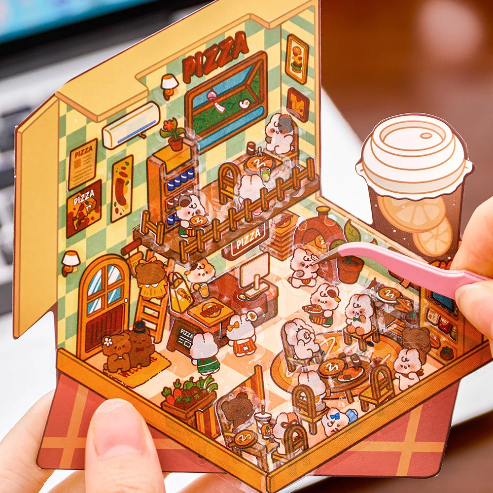 New 3d Food And Play Landscape Stickers Cute Student Handbooks Material Scenes Stickers Miniature 3d House Decoration
