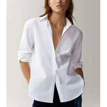 

Dave&Di 2022 New Spring Casual Shirt Women Tops Simple Fashion Blouse England Style Office Lady Poplin Solid White Blouse Women