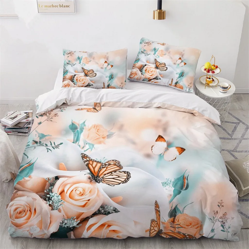 

Pink Rose Floral Flower Butterfly Quilt 3Pcs King Full Size Duvet Cover Bedding Linen Set Bedspread For a Child 200x200 240x220