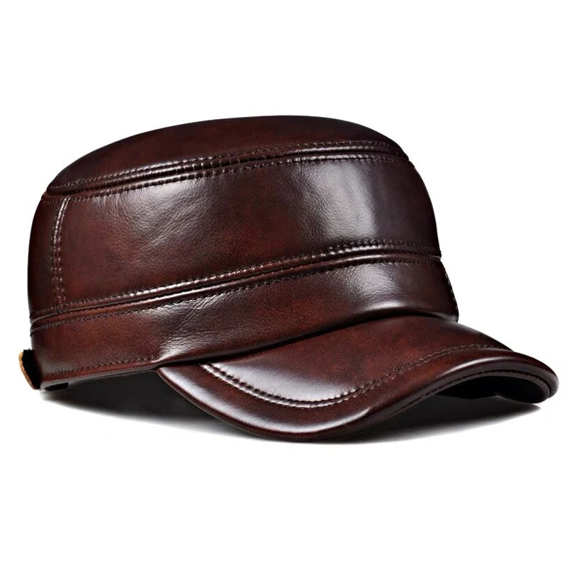 Winter Genuine Leather Cap Men's Flat Caps  Military Hat Elegant Man Baseball Cap British Vintage Cowhide Ear Warm Hat 2
