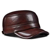 Winter Genuine Leather Cap Men's Flat Caps  Military Hat Elegant Man Baseball Cap British Vintage Cowhide Ear Warm Hat 2