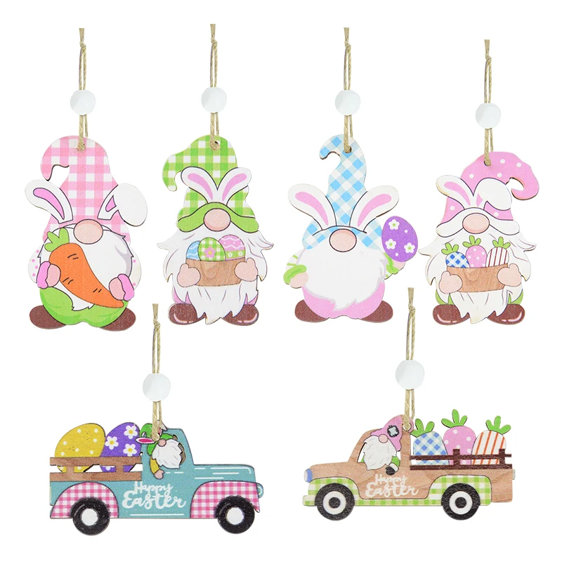 

12pcs Wooden Easter Pendants Cartoon DIY Faceless Gnome Rabbit Cars Hanging Ornament Wood Crafts Easter Kid Gift Home Decoration