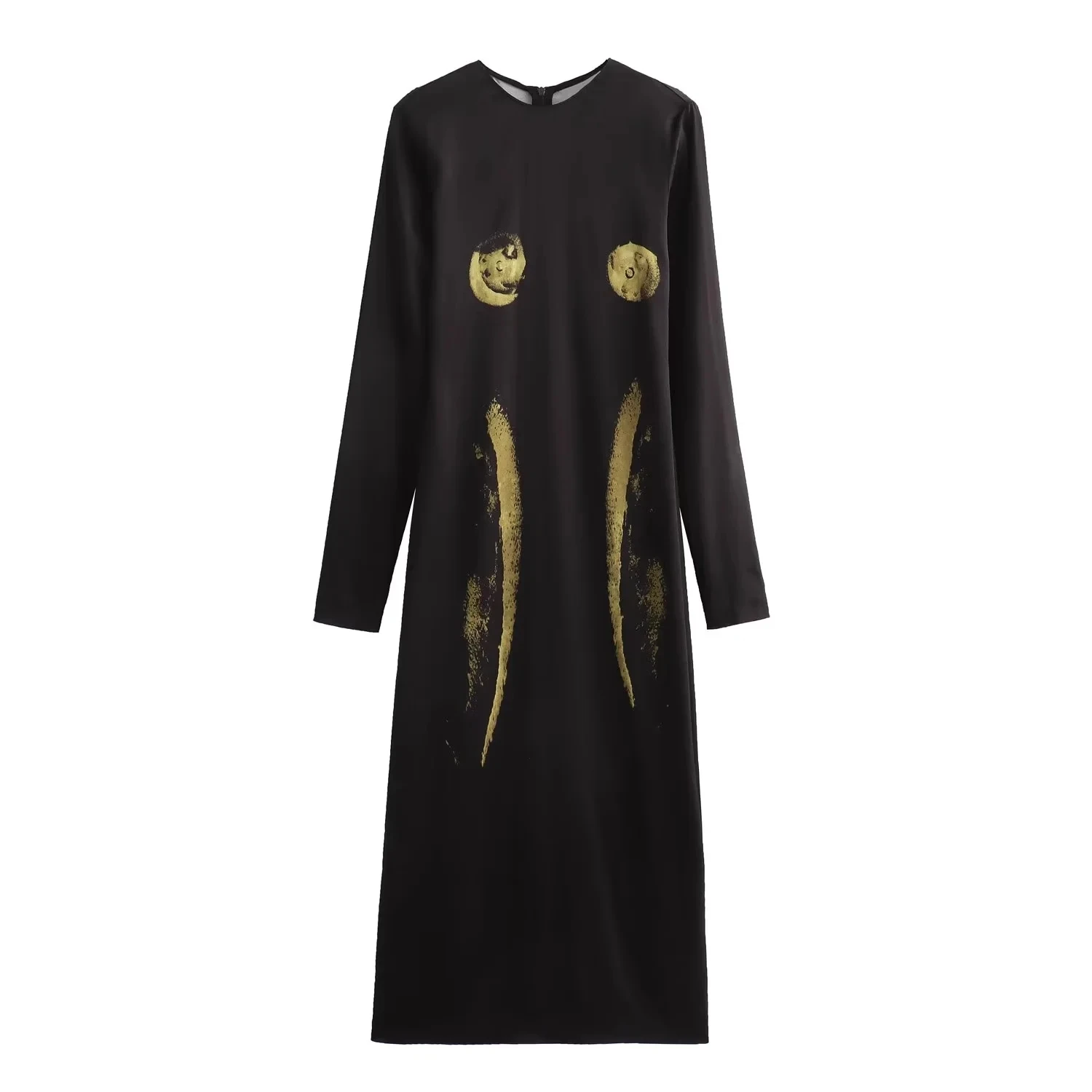

TRAF Silhouette Print Long Dress Women Vintage O-neck Long Sleeve Dresses 2024 Woman Fashion Back Zip Robe Dress Slim Vestidos