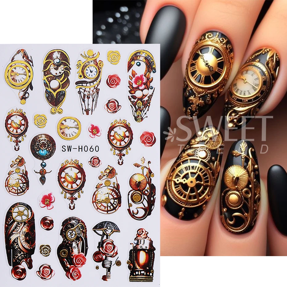 2pcs New Year Nail Art Stickers Self-Adhesive Retro Clock Rose Flower Gears Nail Decals Manicure Decoration Slider Nail Supplies