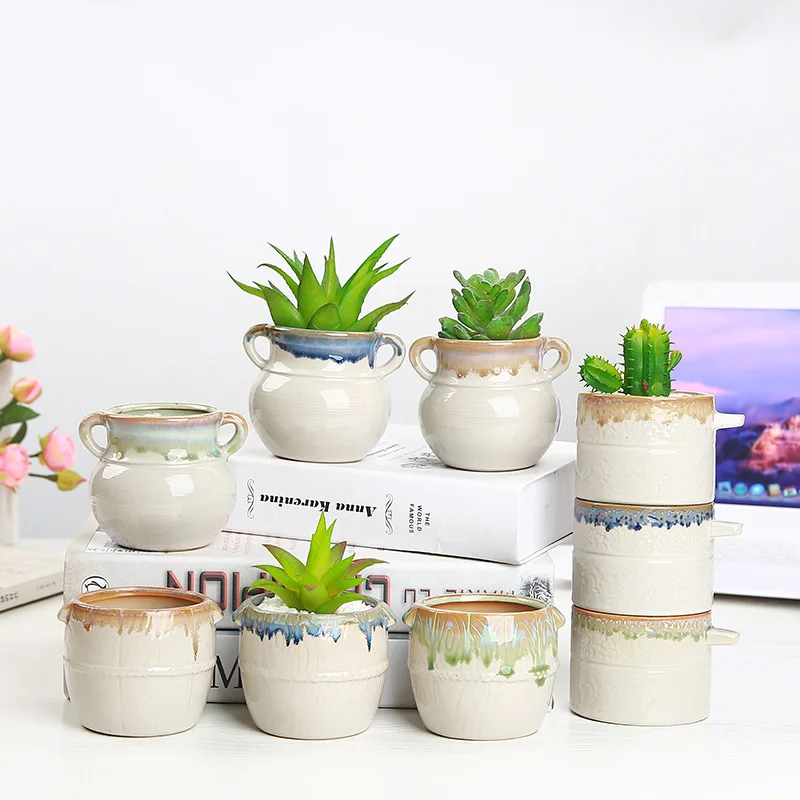 

Succulent Flower Pot with Ear Fresh FlowerPot Flow Glaze Kiln Change Succulent Ceramic Creative Personality Table Succulent Pot
