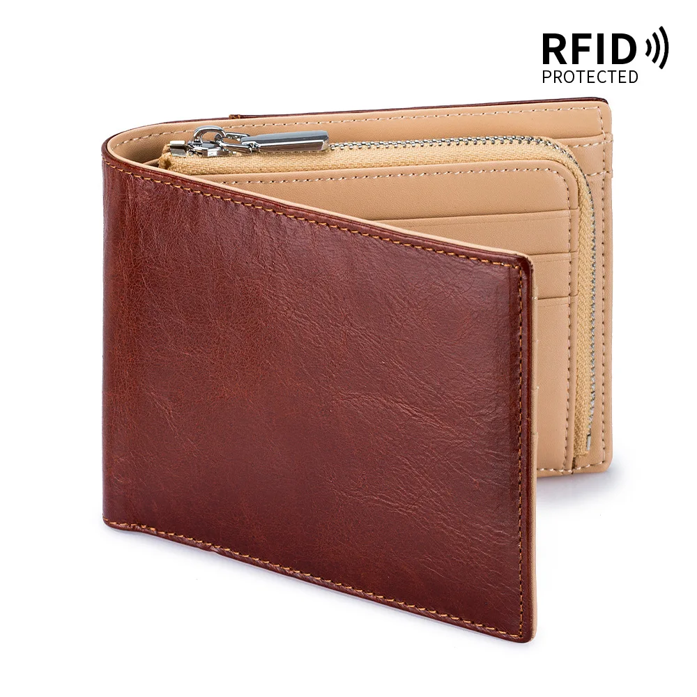 Contrast color 100% genuine leather retro short men's purse RFID cowhide large capacity zipper zero wallet multi-card card bag